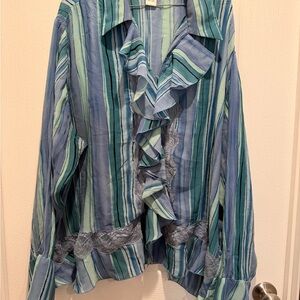 Allison Taylor Woman 2X Blue Striped Ruffle Lace Blouse Career Top Plus Size